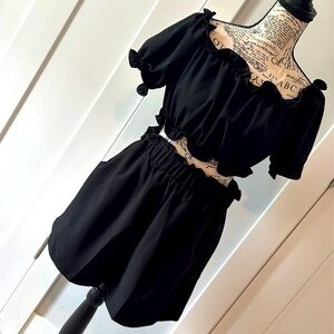 Black Ruffle Shirt Set with High Waist Shorts and Matching Top